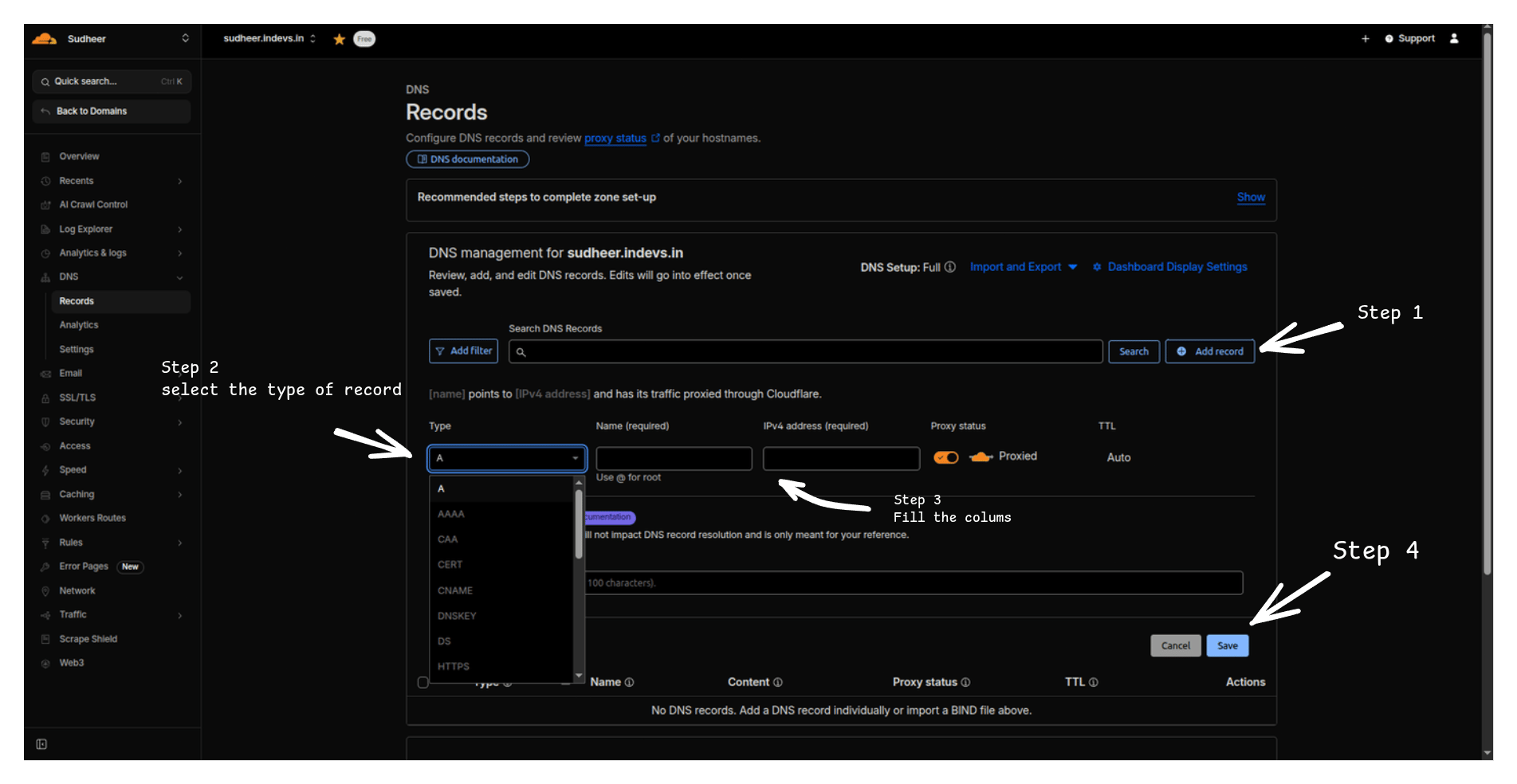 Cloudflare Add record form