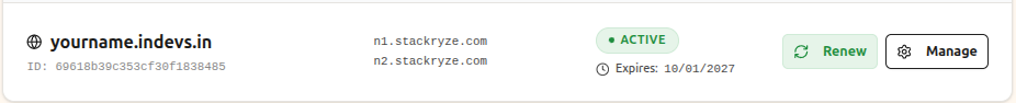 Domain list with Renew button highlighted