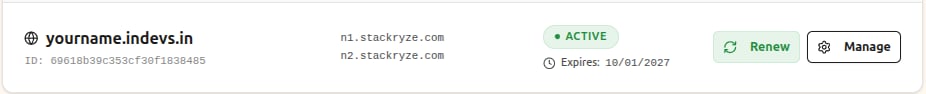 Domain list with Renew button highlighted