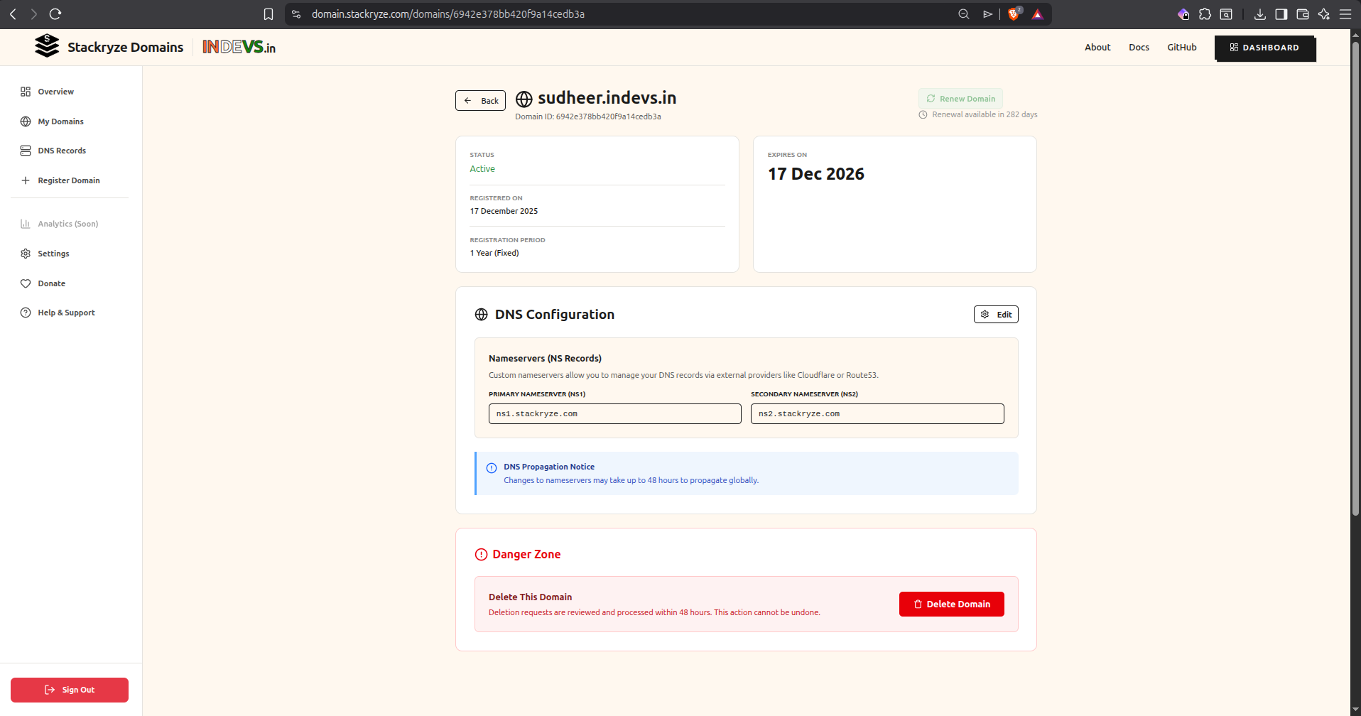 Stackryze Domains dashboard showing domain detail page