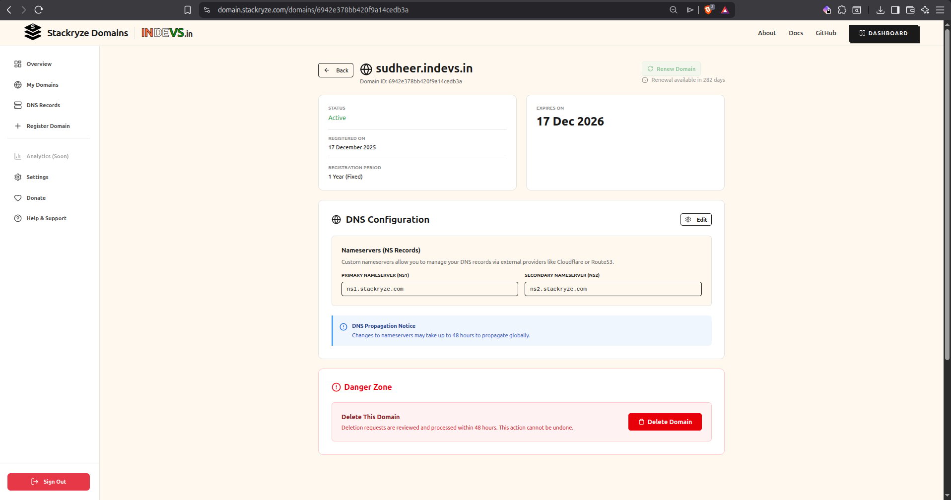 Stackryze Domains dashboard showing domain detail page