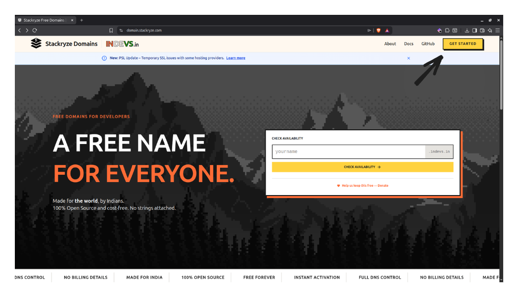 Stackryze Domains landing page with Get Started button