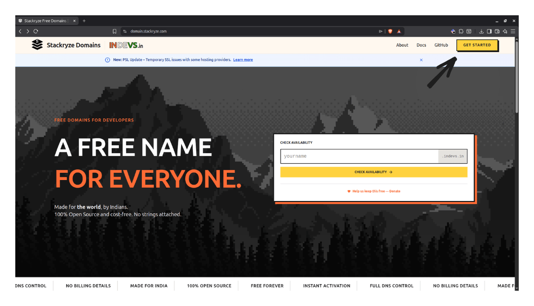 Stackryze Domains landing page with Get Started button