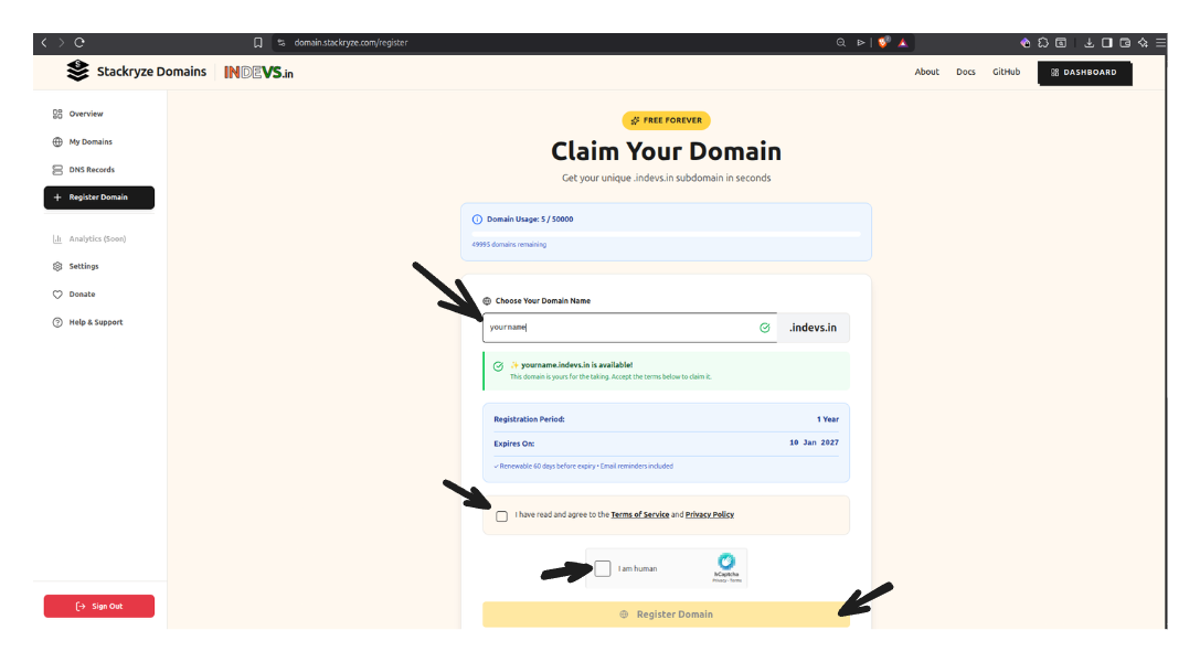 Stackryze Domains registration form