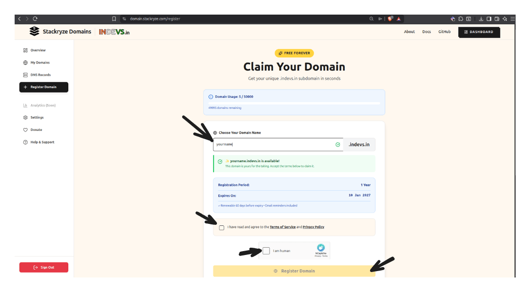 Stackryze Domains registration form