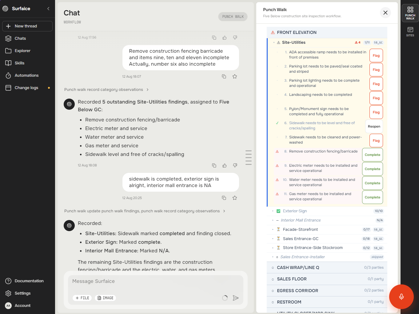 Two spoken messages did all of this: five punches filed to the GC, another closed, three sections resolved — and the panel on the right keeps the score.