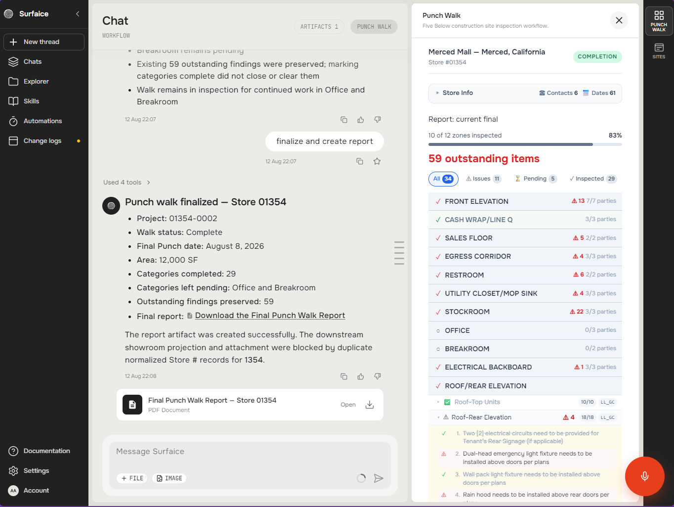 The close-out in one screen: the finalize summary and the PDF in the chat, the panel holding every outstanding item — 59 here, all preserved by vendor.