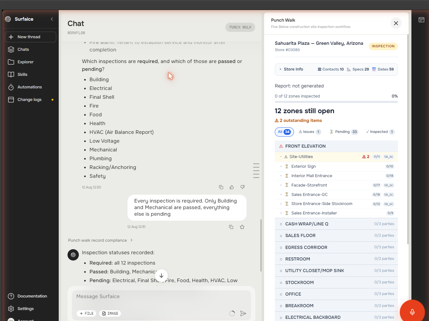 Chat on the left, the walk panel on the right.