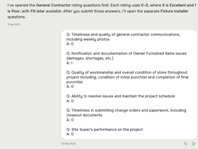 Submitted General Contractor ratings, question by question, with the 0–5 answers recorded.
