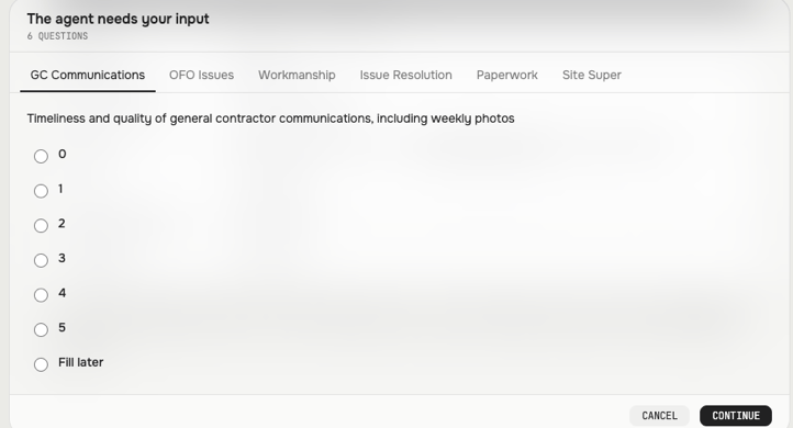 The agent needs your input: GC rating card with category tabs and 0–5 radio options plus Fill later.