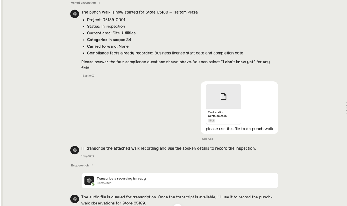 An .m4a recording attached in chat, with the agent queuing it for transcription to record the punch walk.