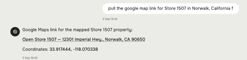 Chat request for a store's Google Maps link, answered with the mapped address, an Open link, and coordinates.
