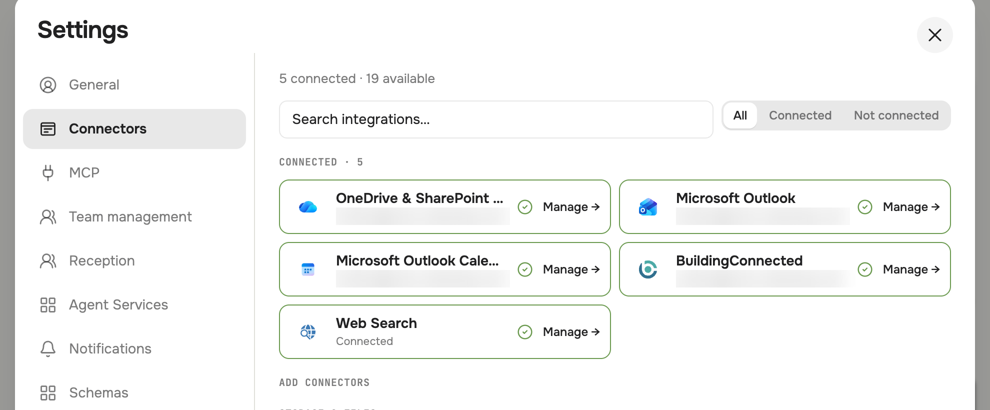 Settings Connectors panel listing Web Search as Connected alongside the other workspace connectors.