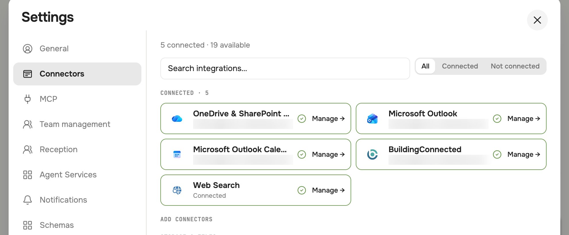 Settings Connectors panel listing Web Search as Connected alongside the other workspace connectors.