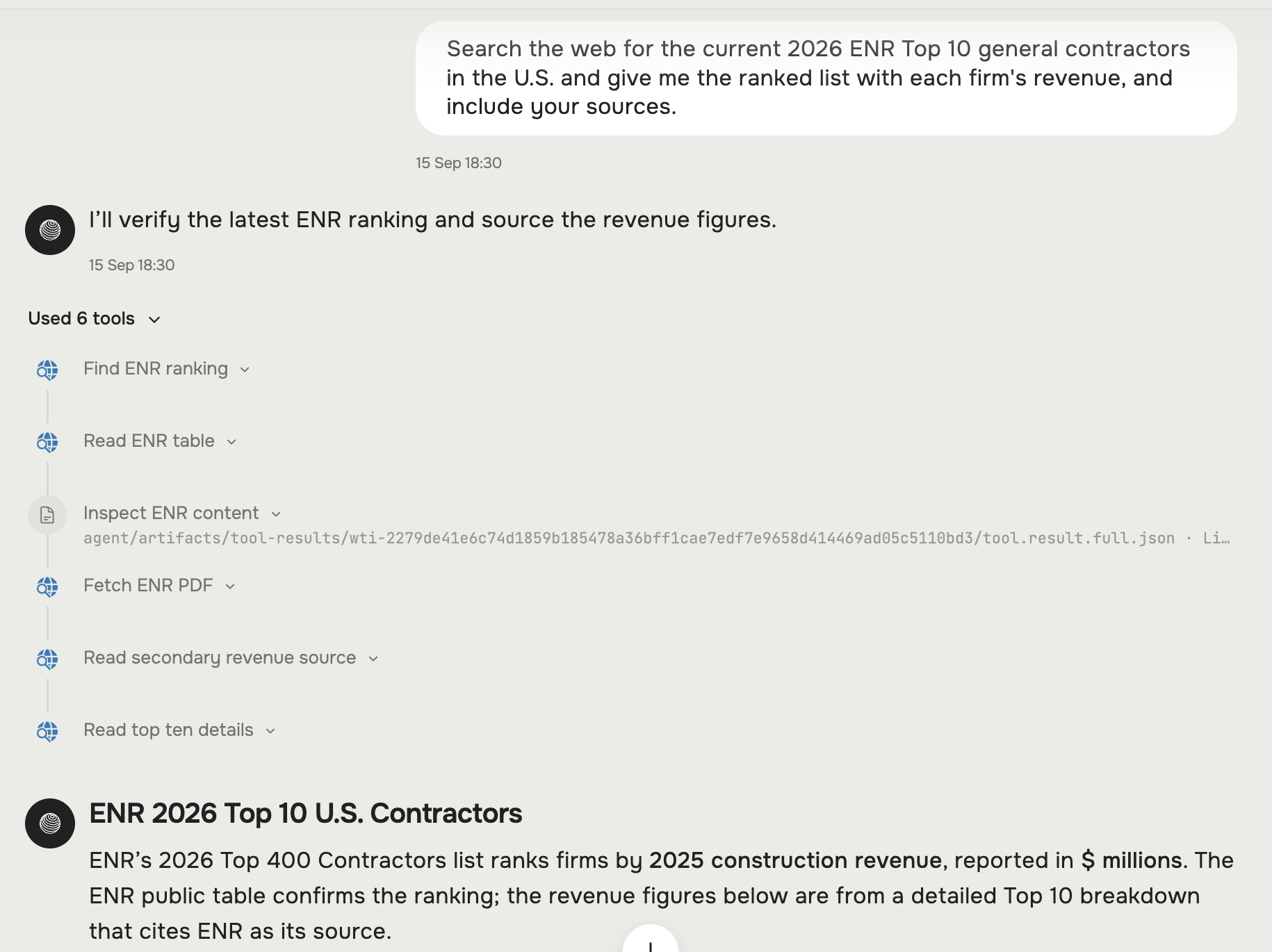 Hugo working through a web search: a request to rank contractors, with the agent finding and reading several public web pages.