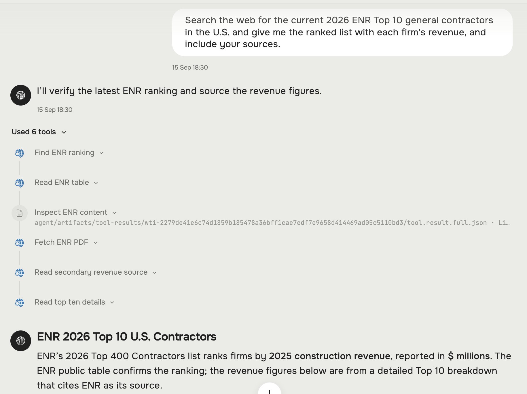 Hugo working through a web search: a request to rank contractors, with the agent finding and reading several public web pages.