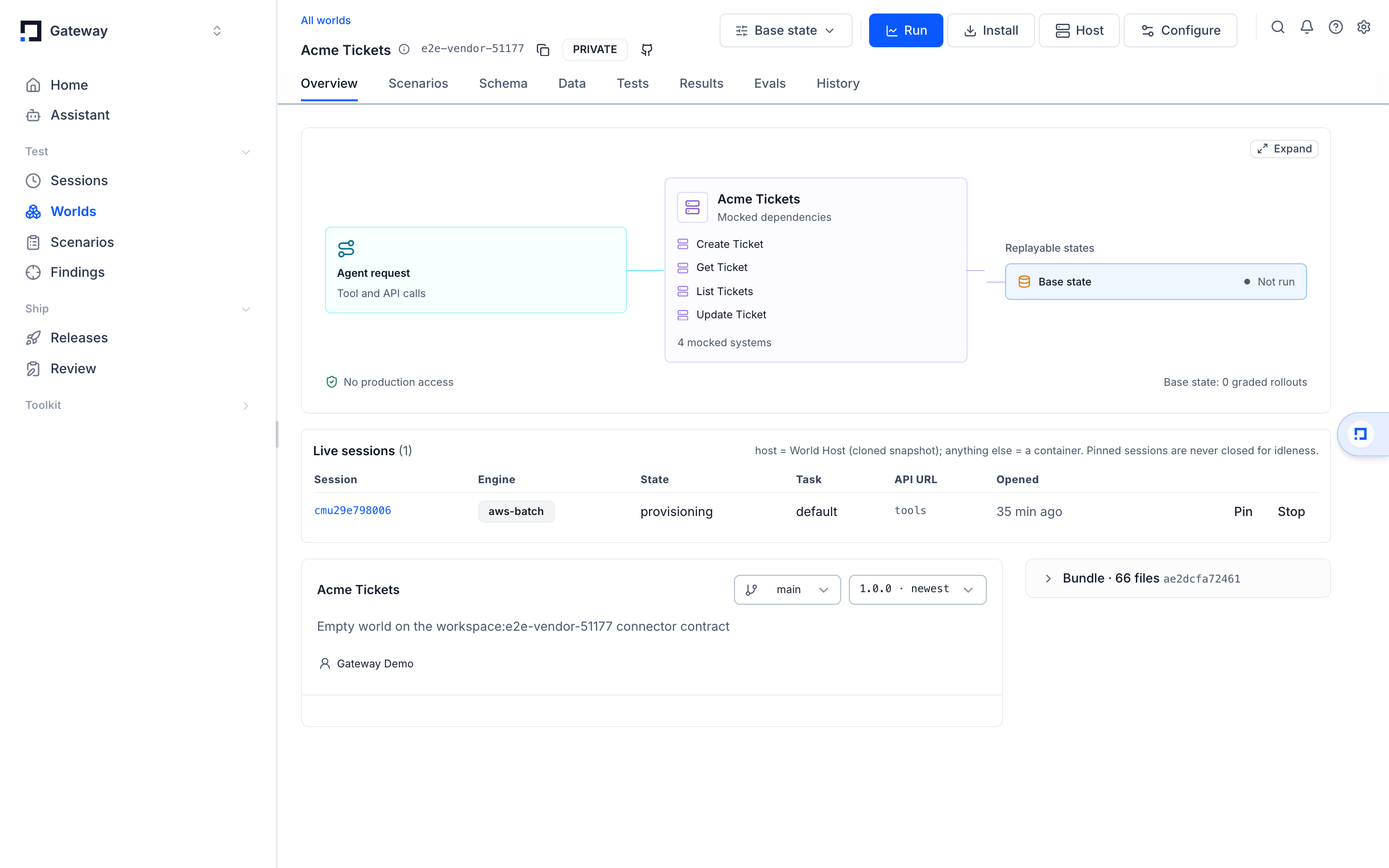 A world's Overview with its Live sessions panel: engine, state, task, API URL, Pin and Stop