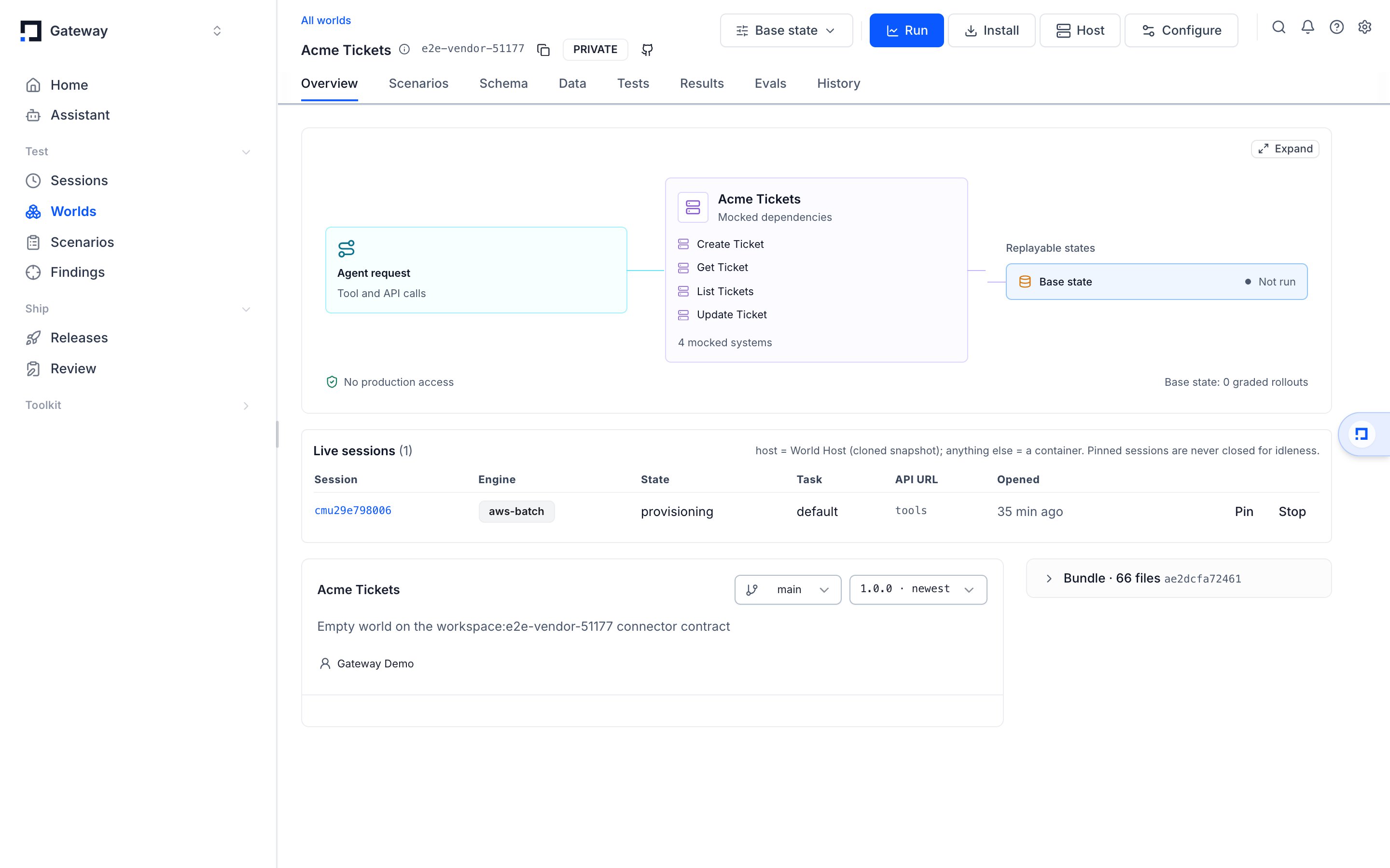 A world's Overview with its Live sessions panel: engine, state, task, API URL, Pin and Stop