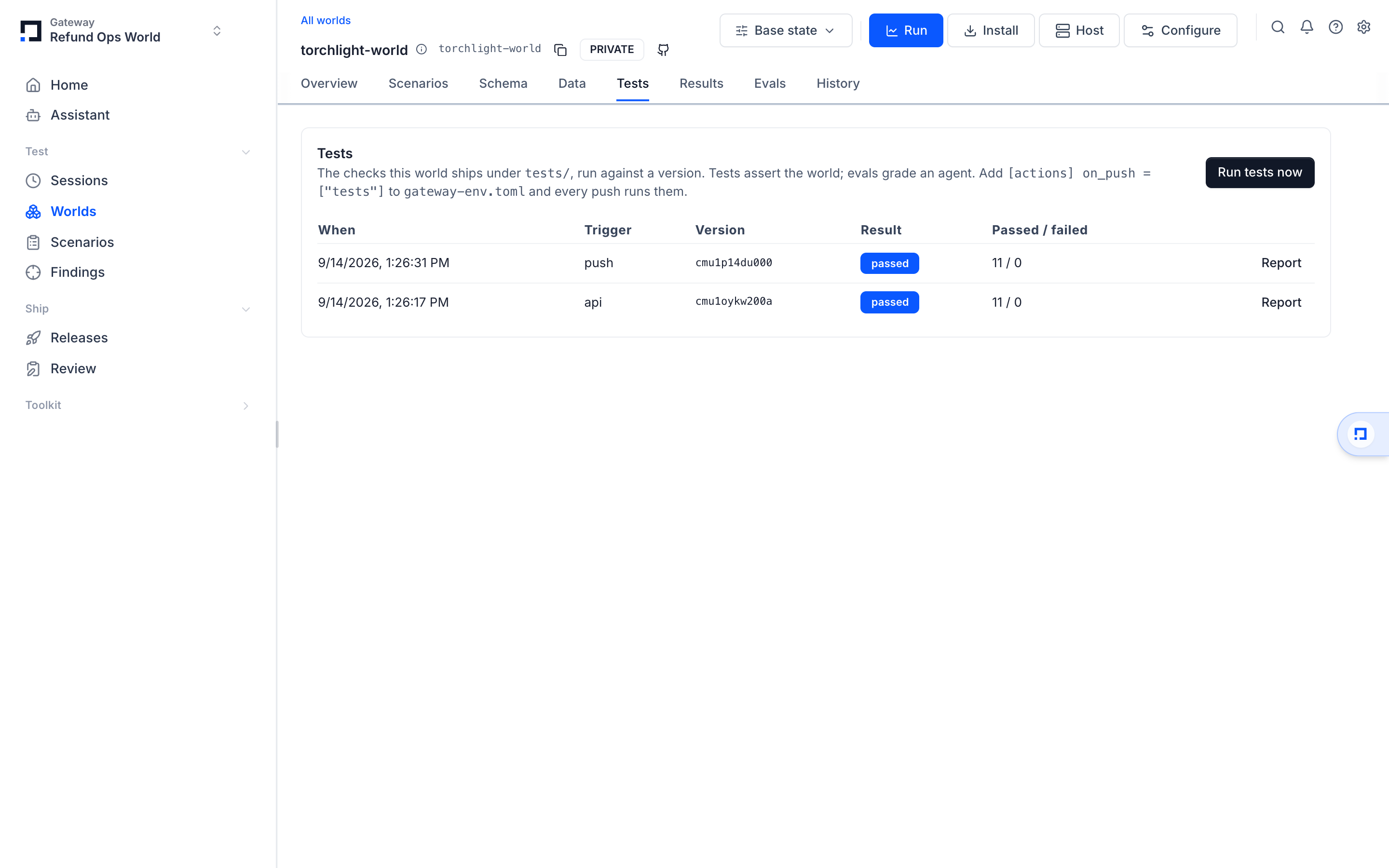 A world's Tests tab: each run with its cases grouped and described