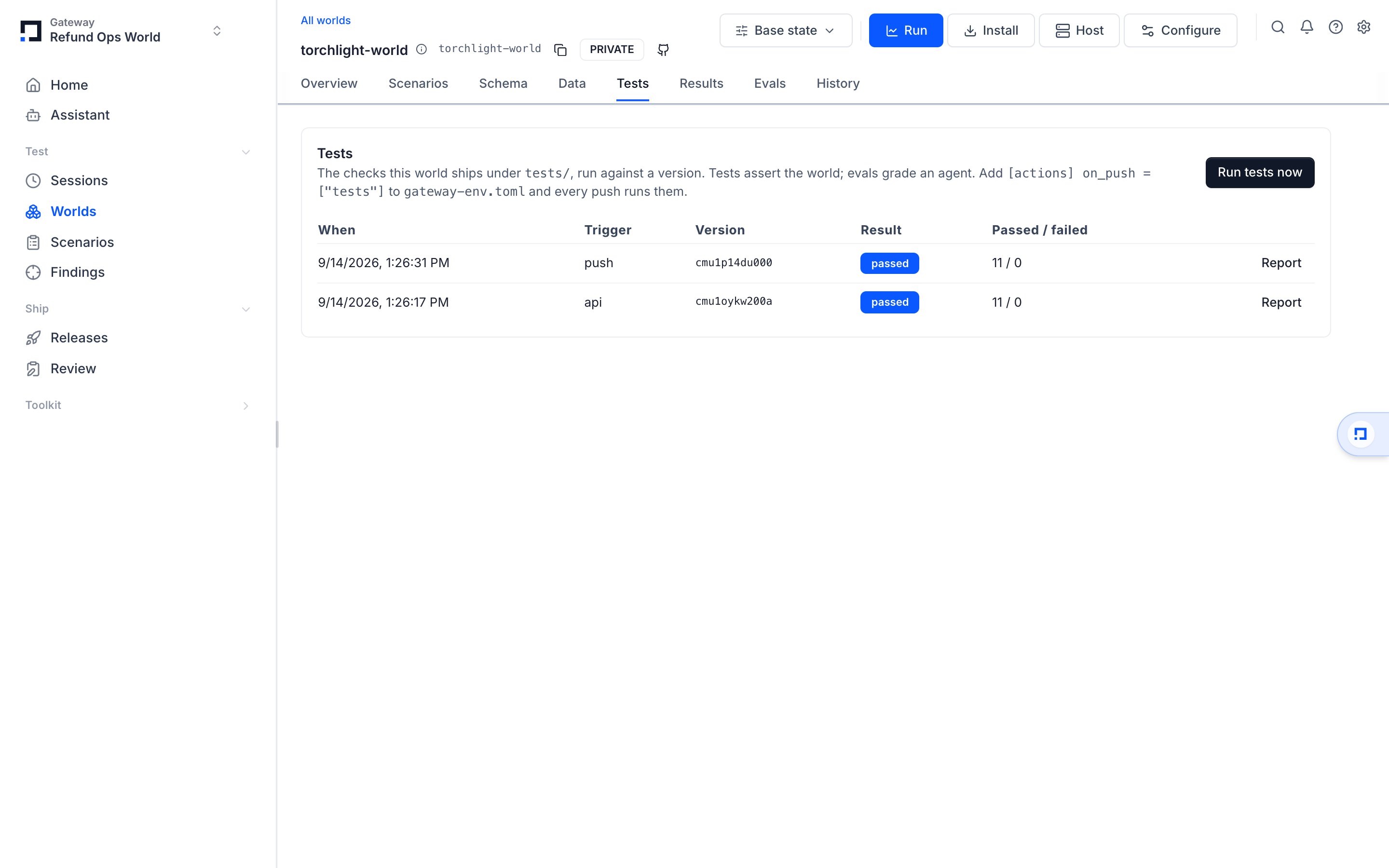A world's Tests tab: each run with its cases grouped and described