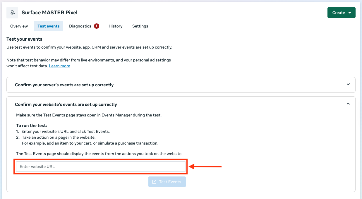 Enter website URL in Test events