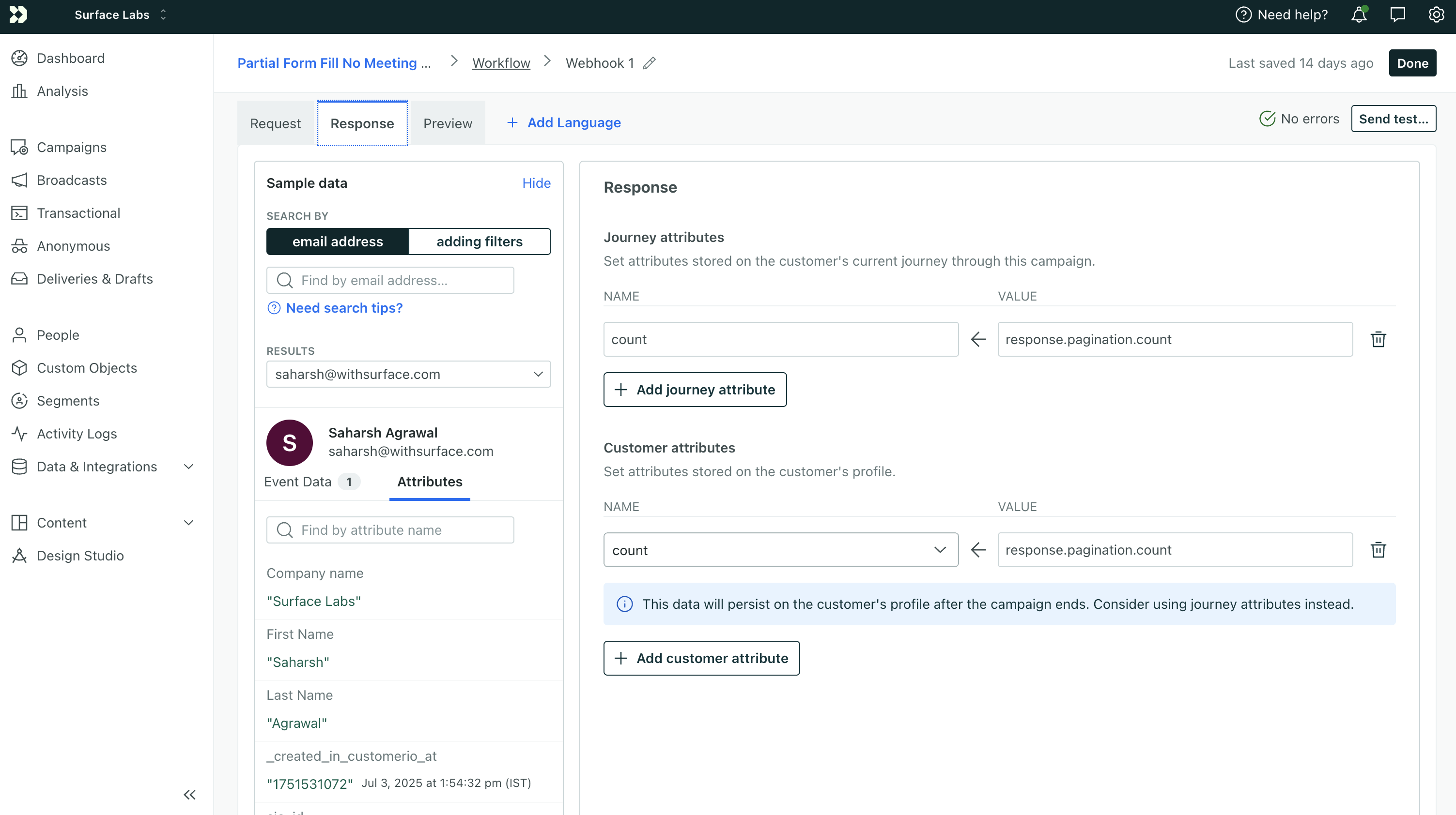 Configure webhook response with count attribute