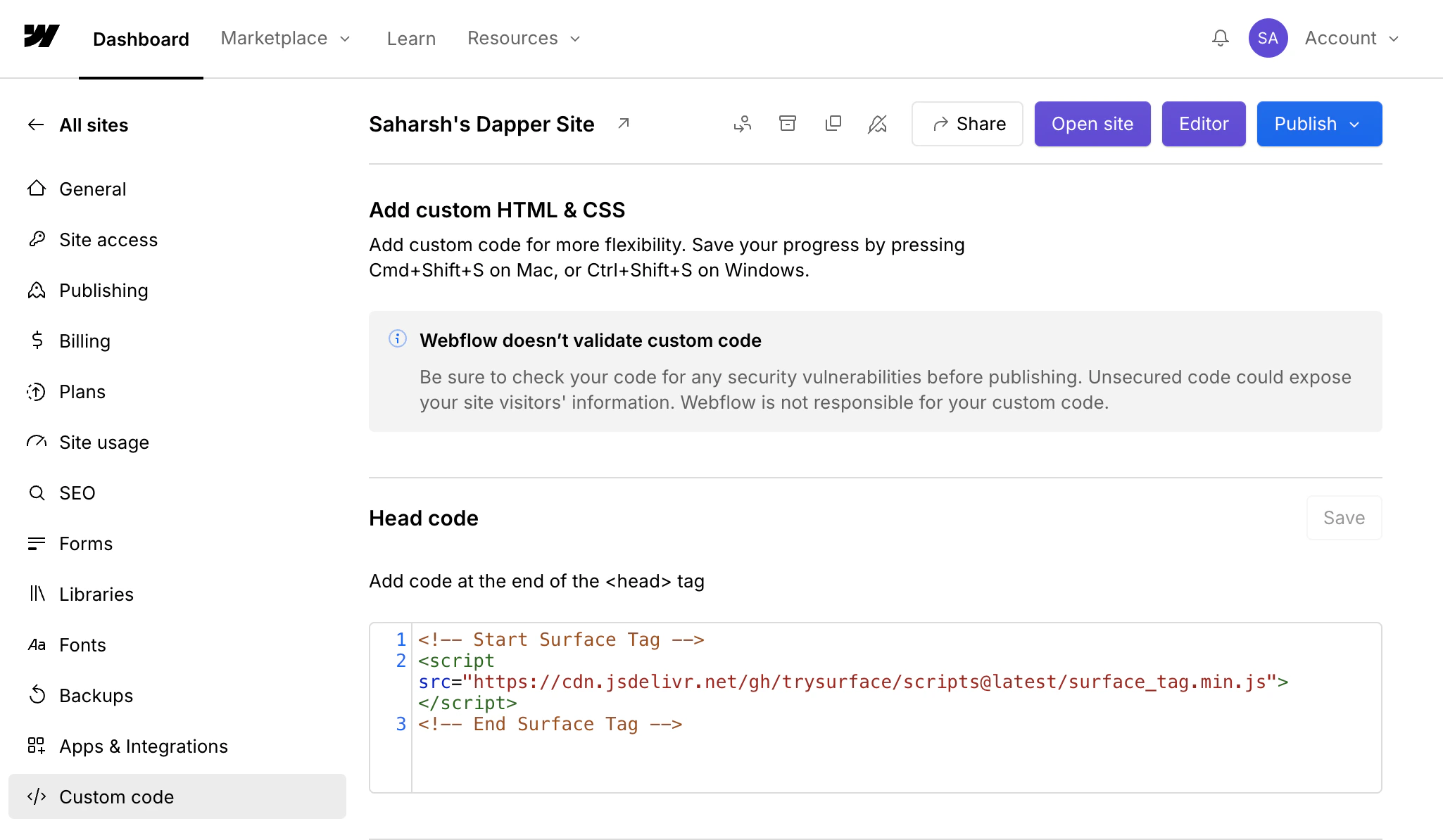 Webflow Head Section with Surface Tag