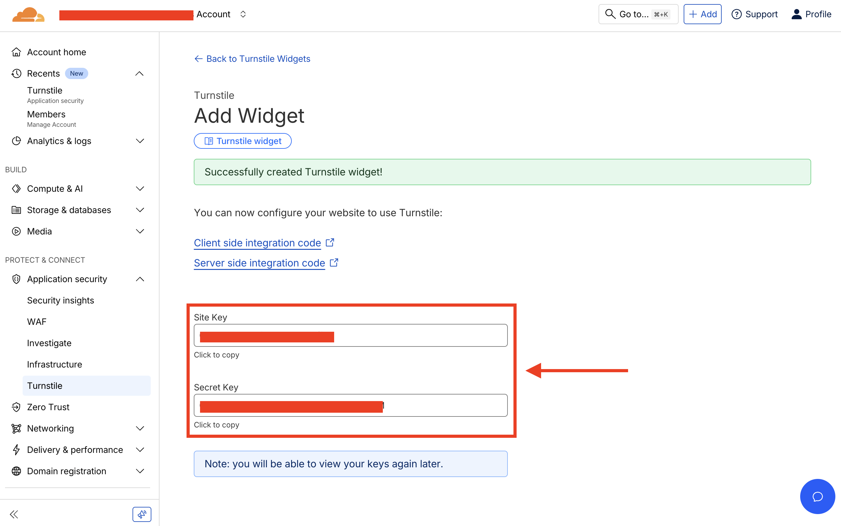 Turnstile widget created with keys