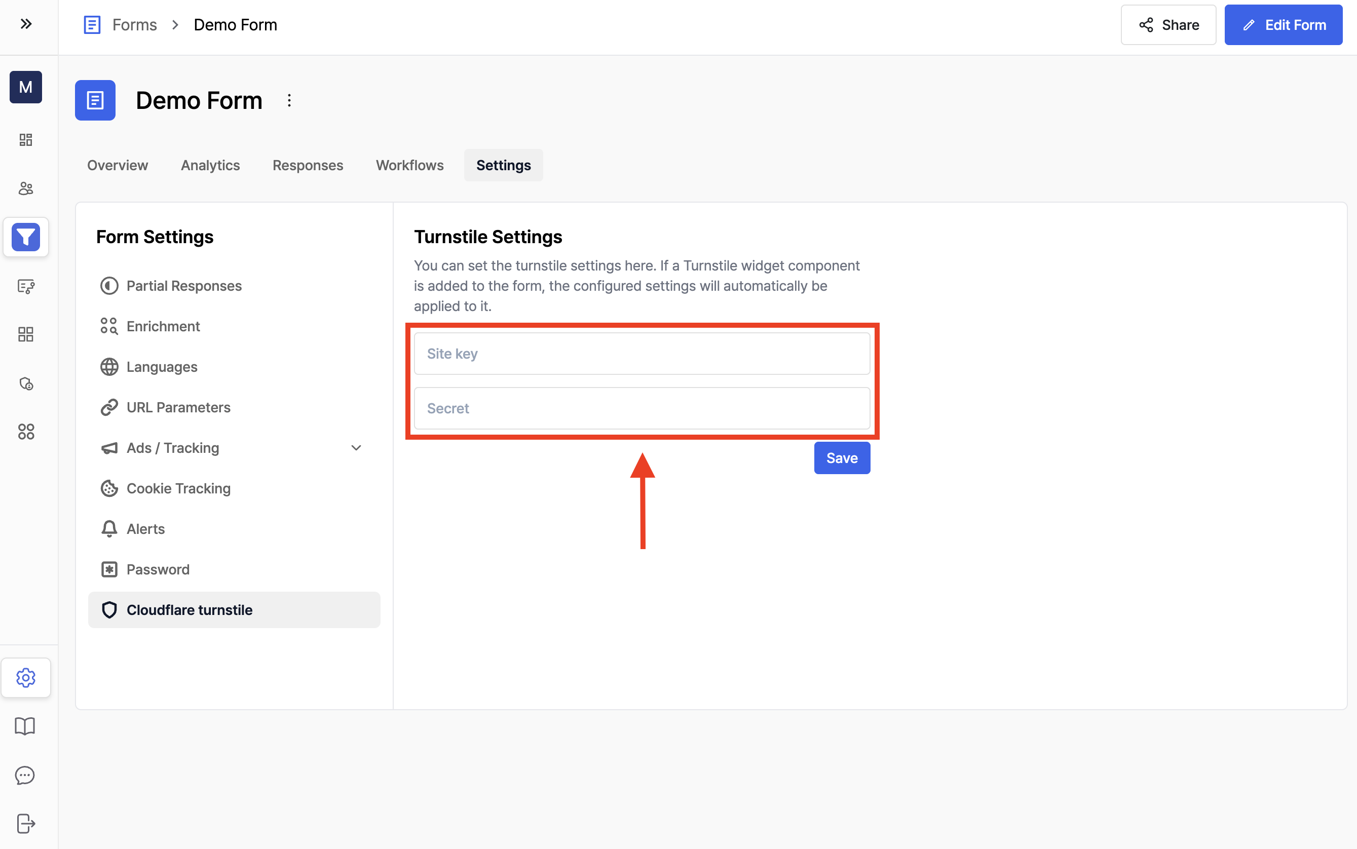 Surface form Cloudflare Turnstile settings