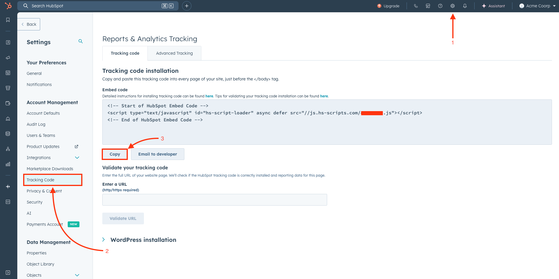 HubSpot settings and tracking code location