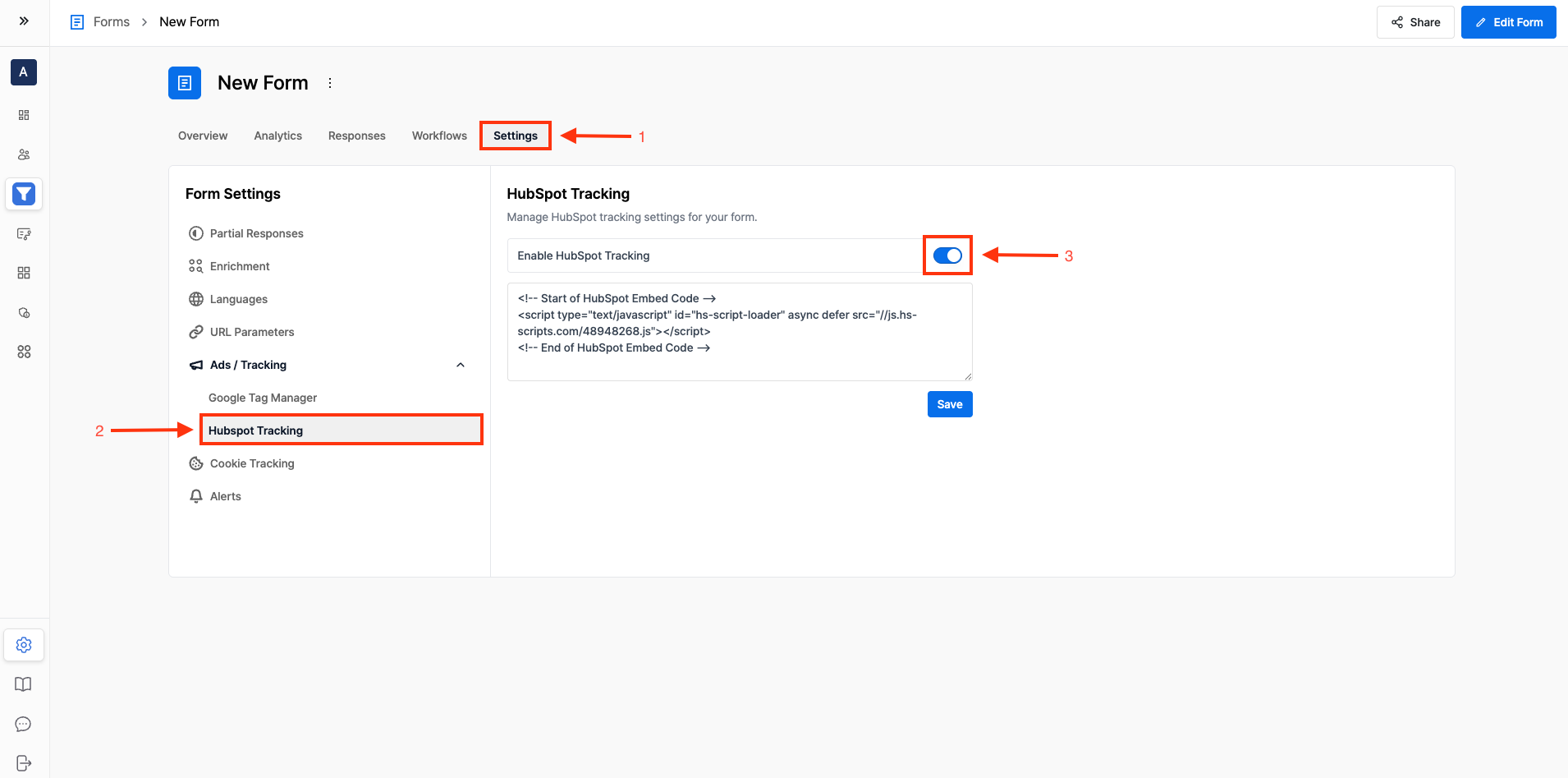 Surface form HubSpot tracking settings