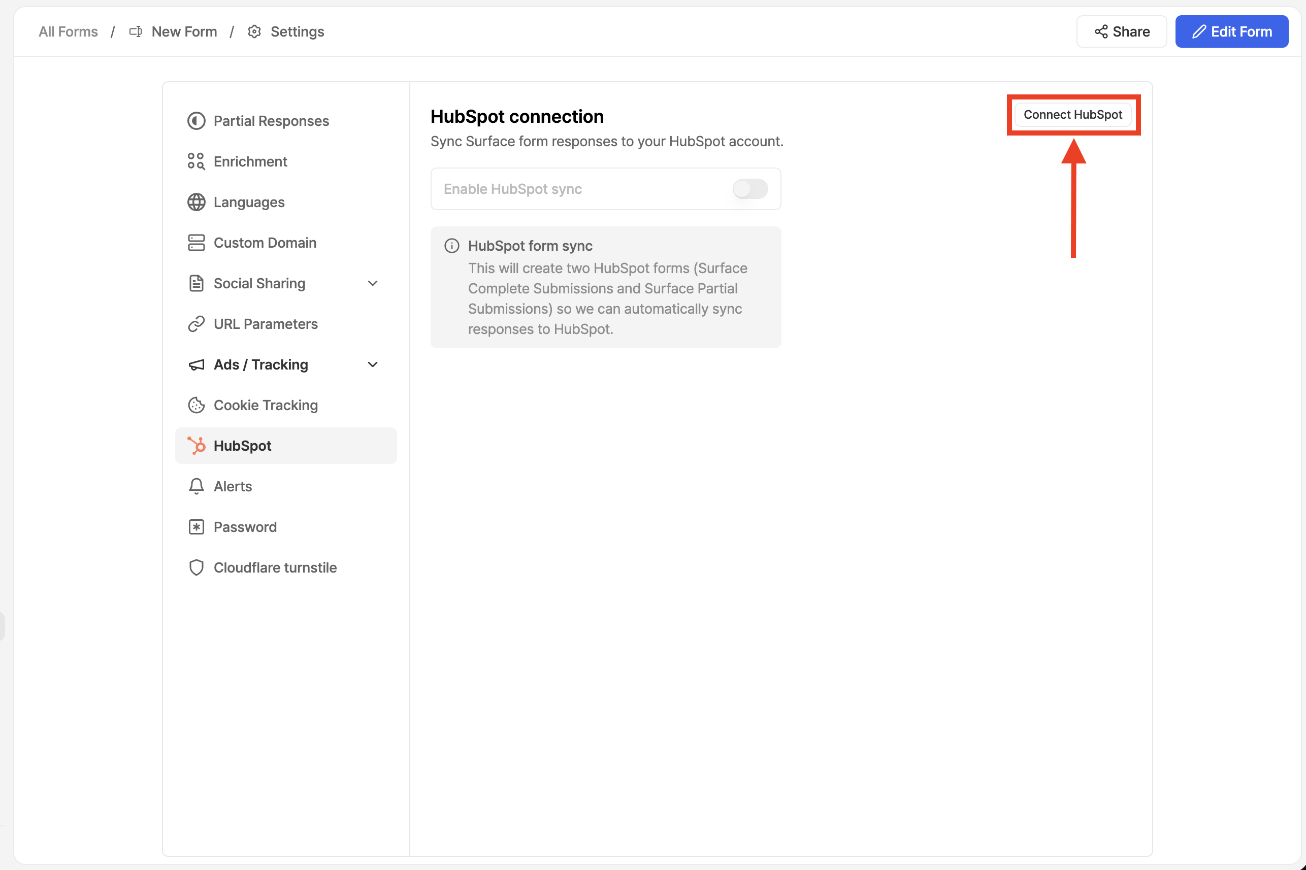HubSpot authentication in form settings