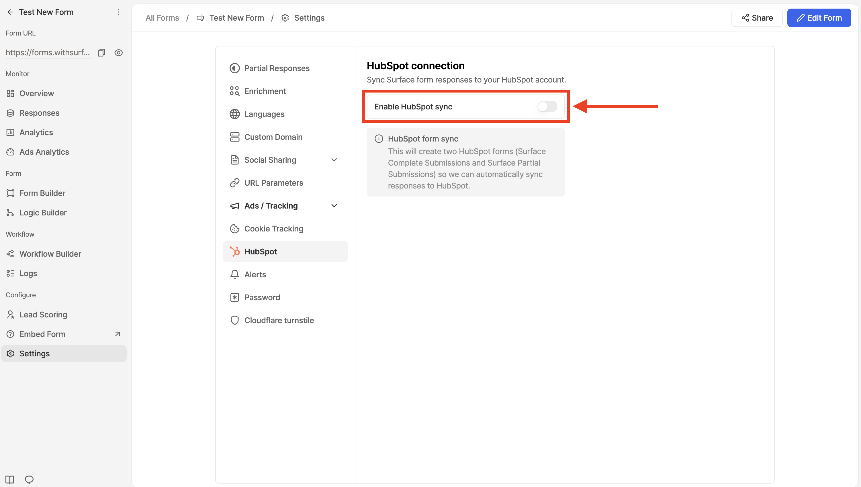 Enable HubSpot Sync toggle
