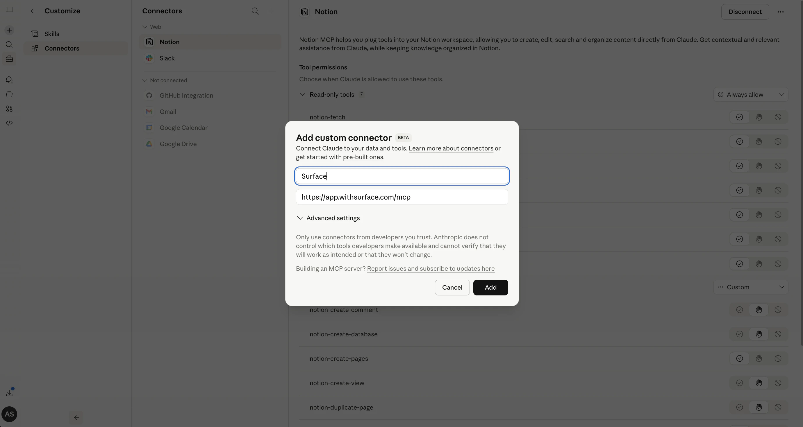 Add custom connector modal with Surface name and MCP URL filled in