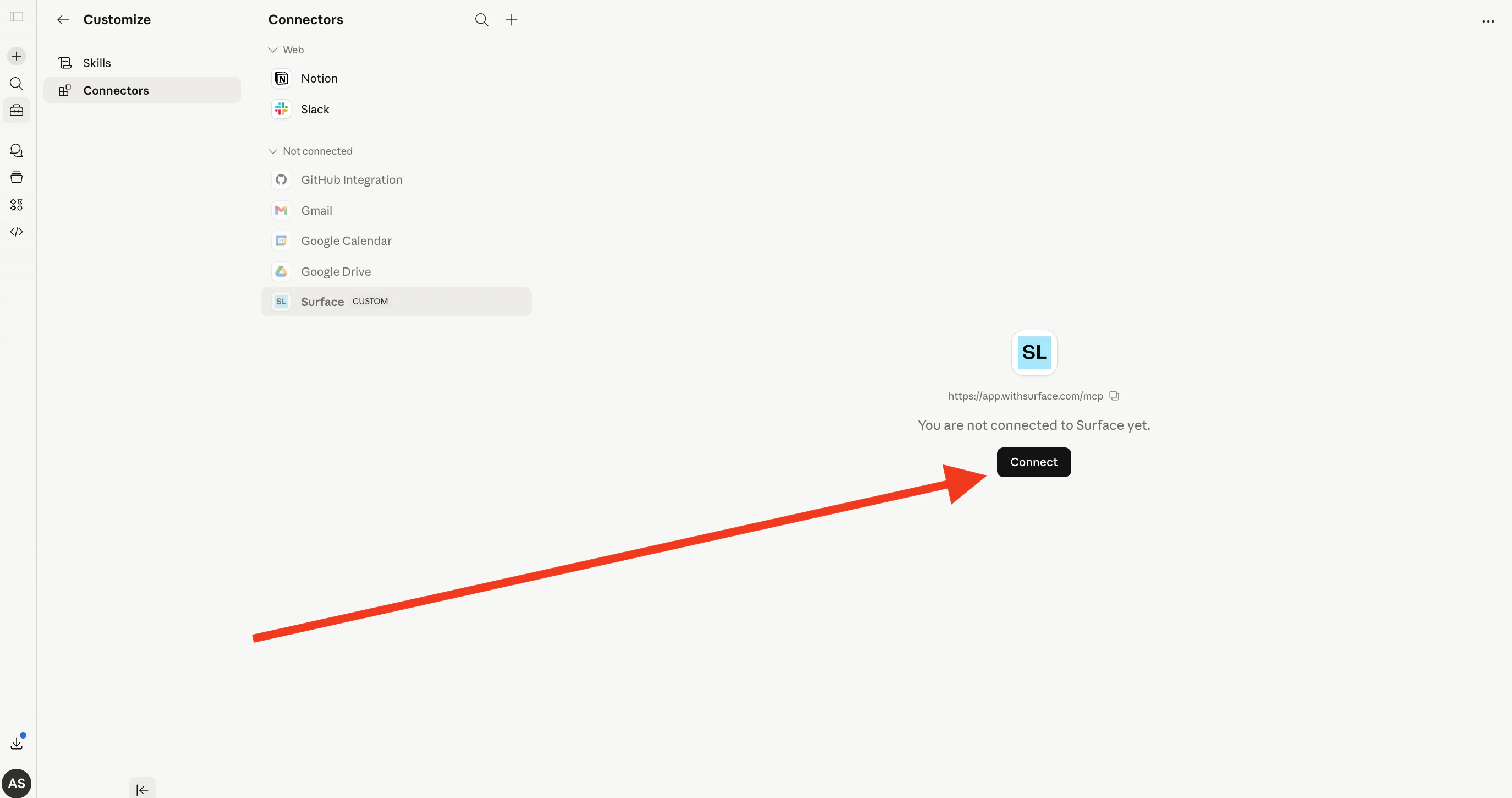 Surface connector page with Connect button