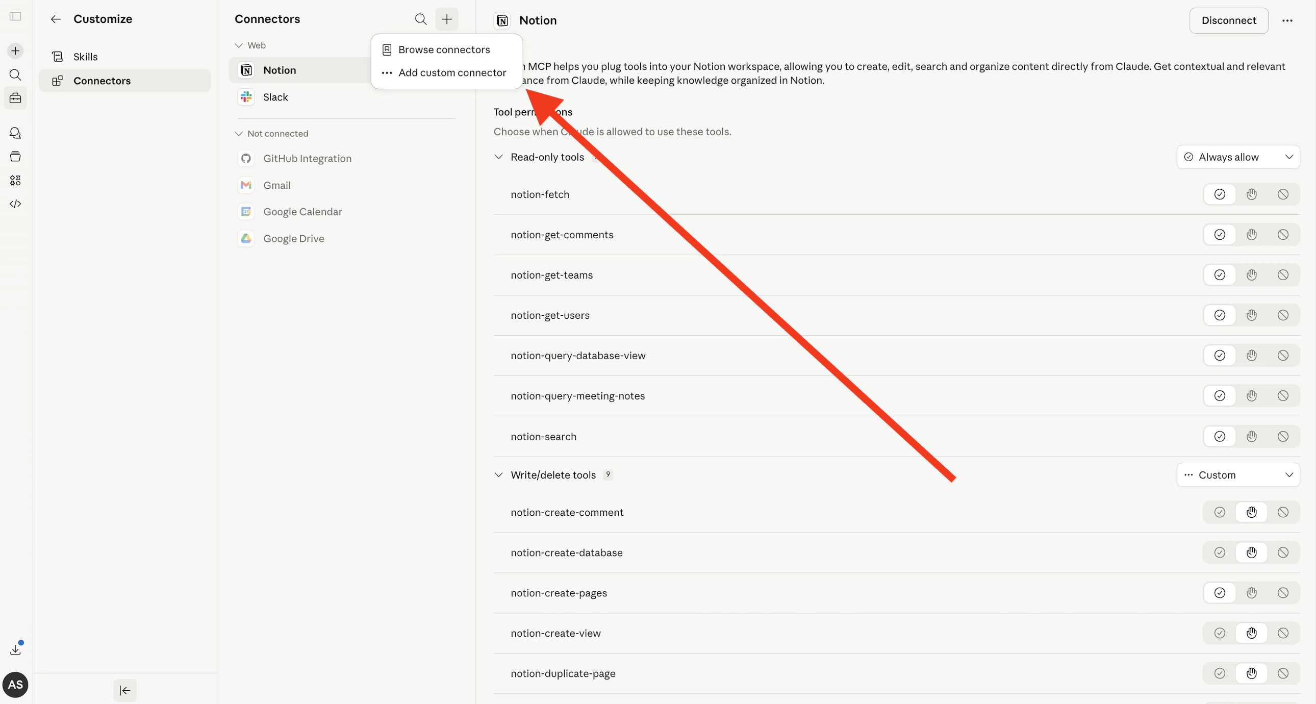 Claude Connectors page showing the Add custom connector option