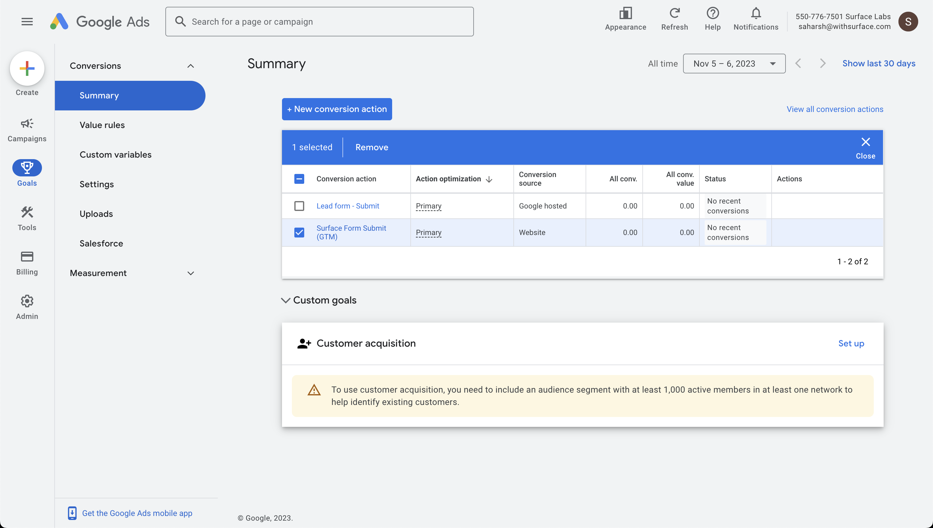 Create Conversion Action Step 1