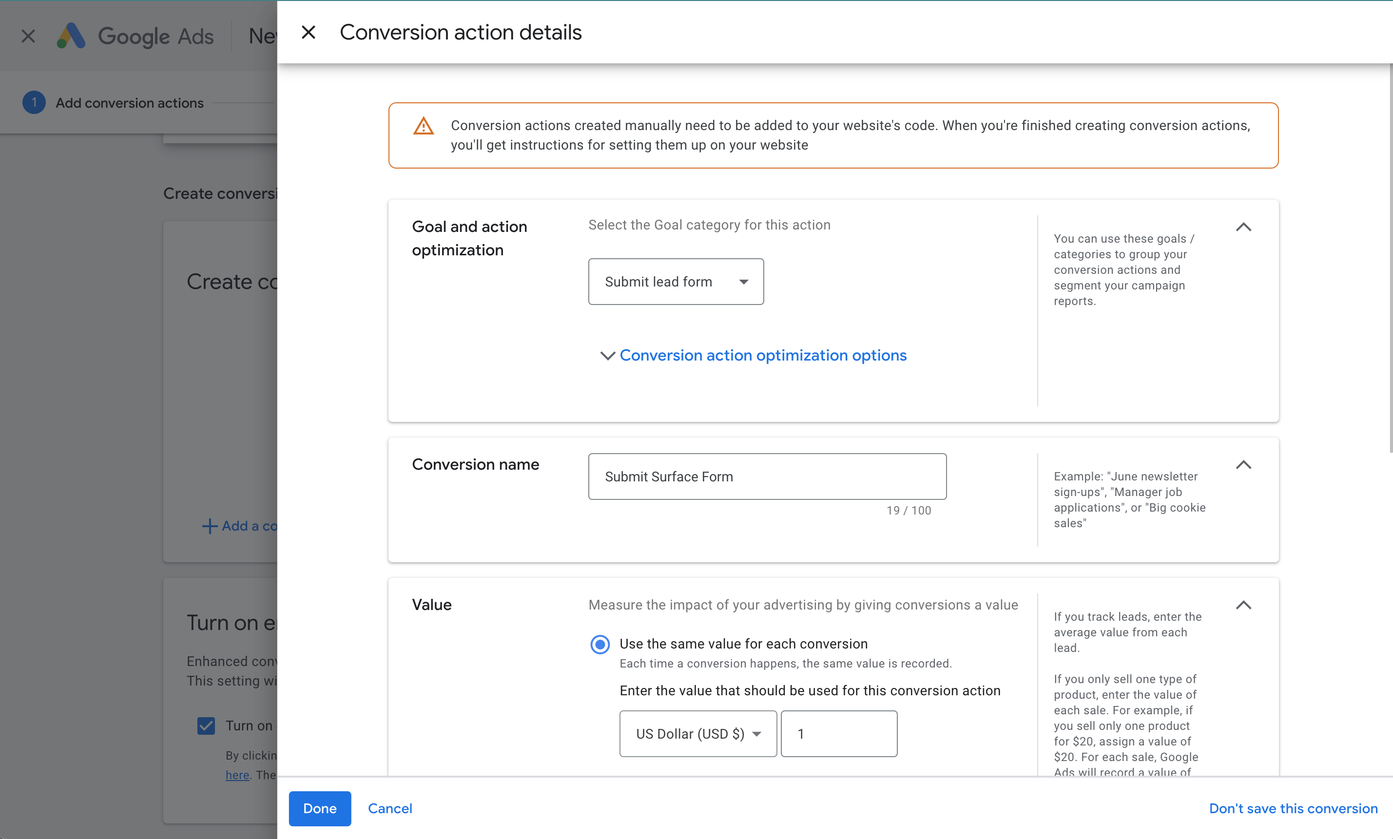Create Conversion Action Step 2