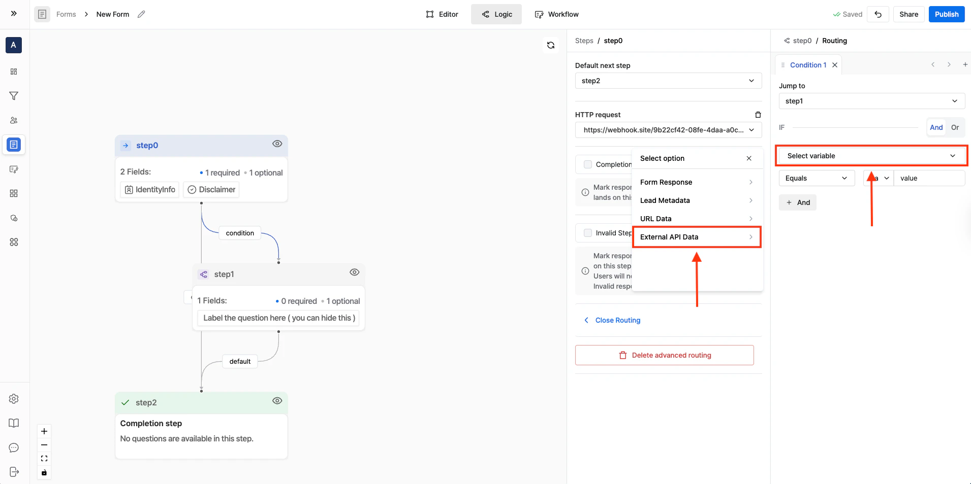 Routing rule checking External API Data equals true
