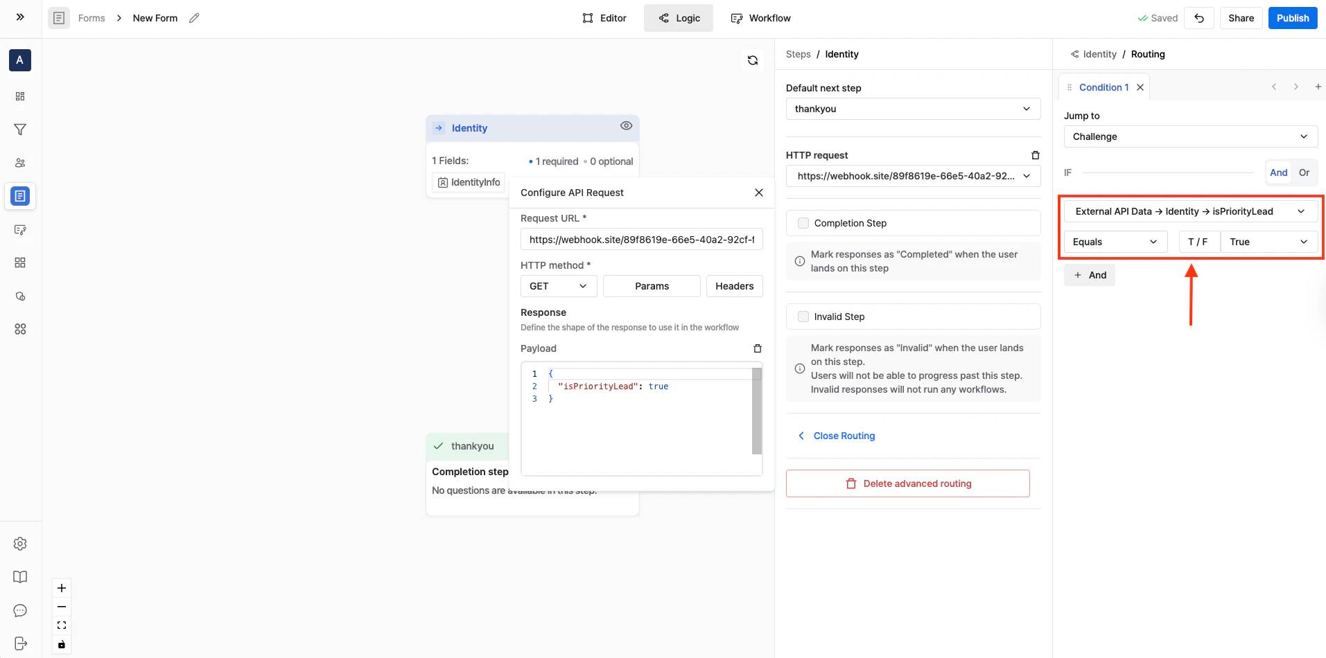 Testing External API Data based routing in a published form