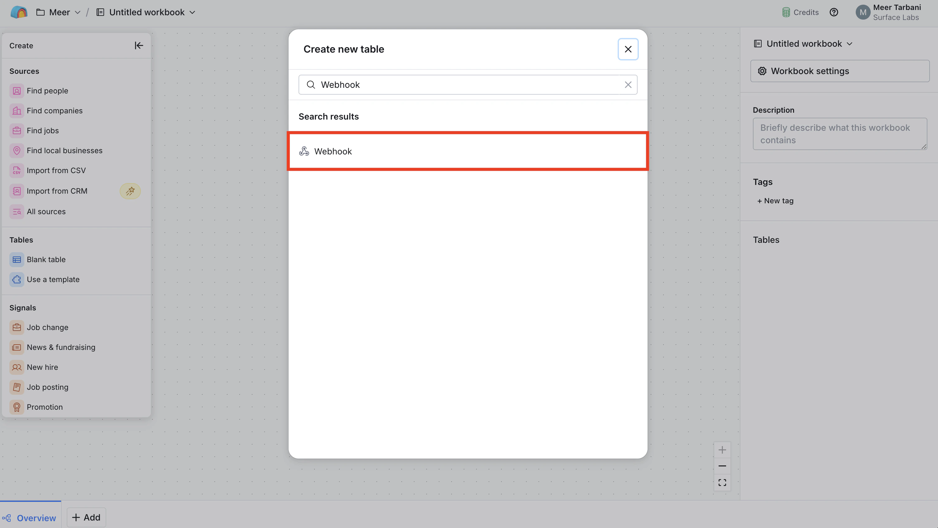Create a new table in Clay with Webhook as source