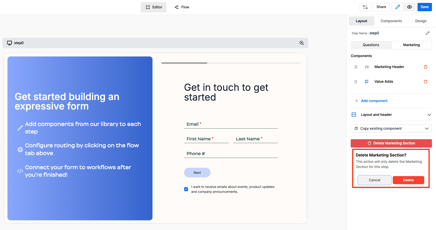 Delete marketing pane interface