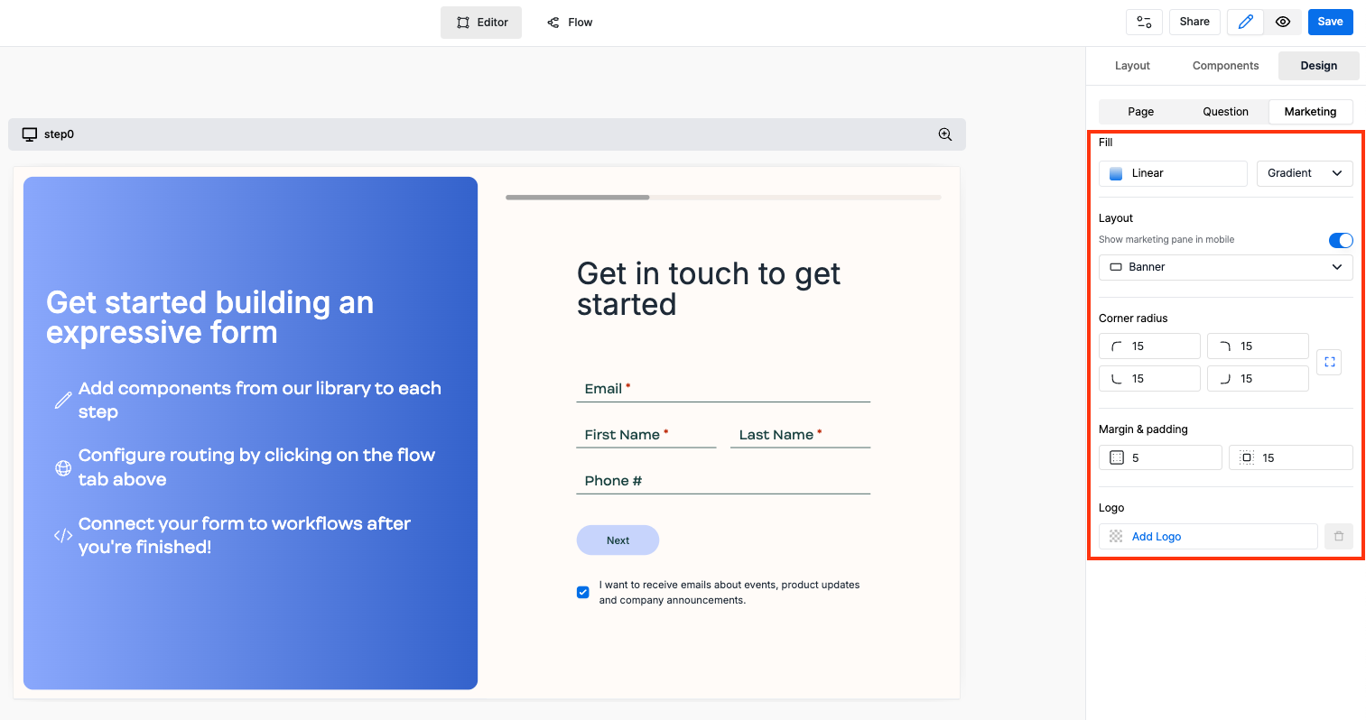 Customize marketing pane interface