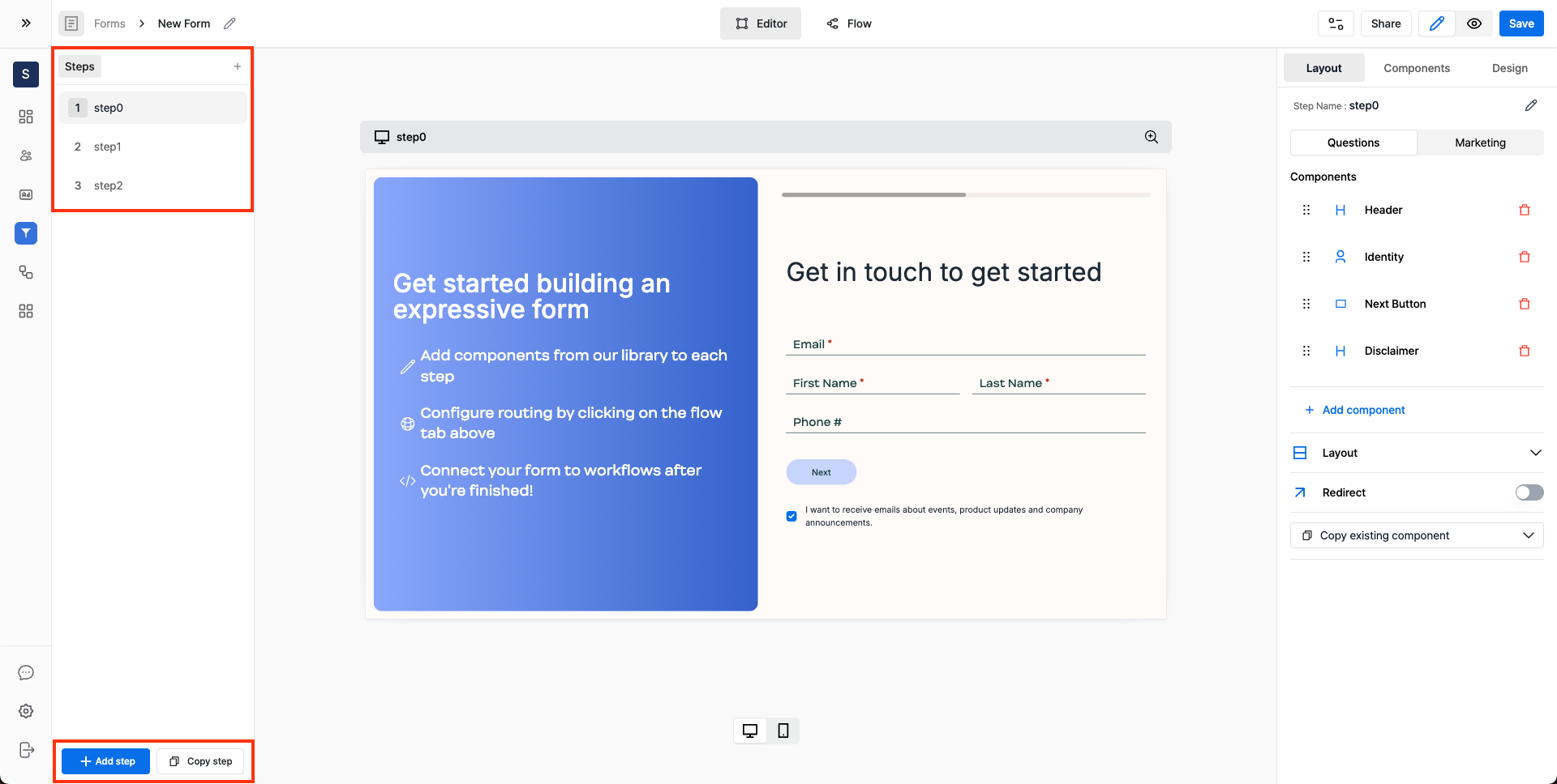 Form steps interface