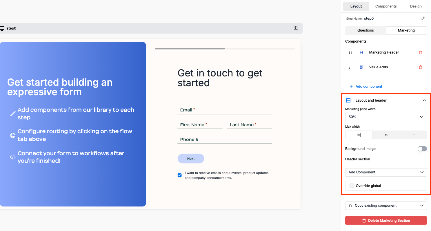 Marketing pane customization interface