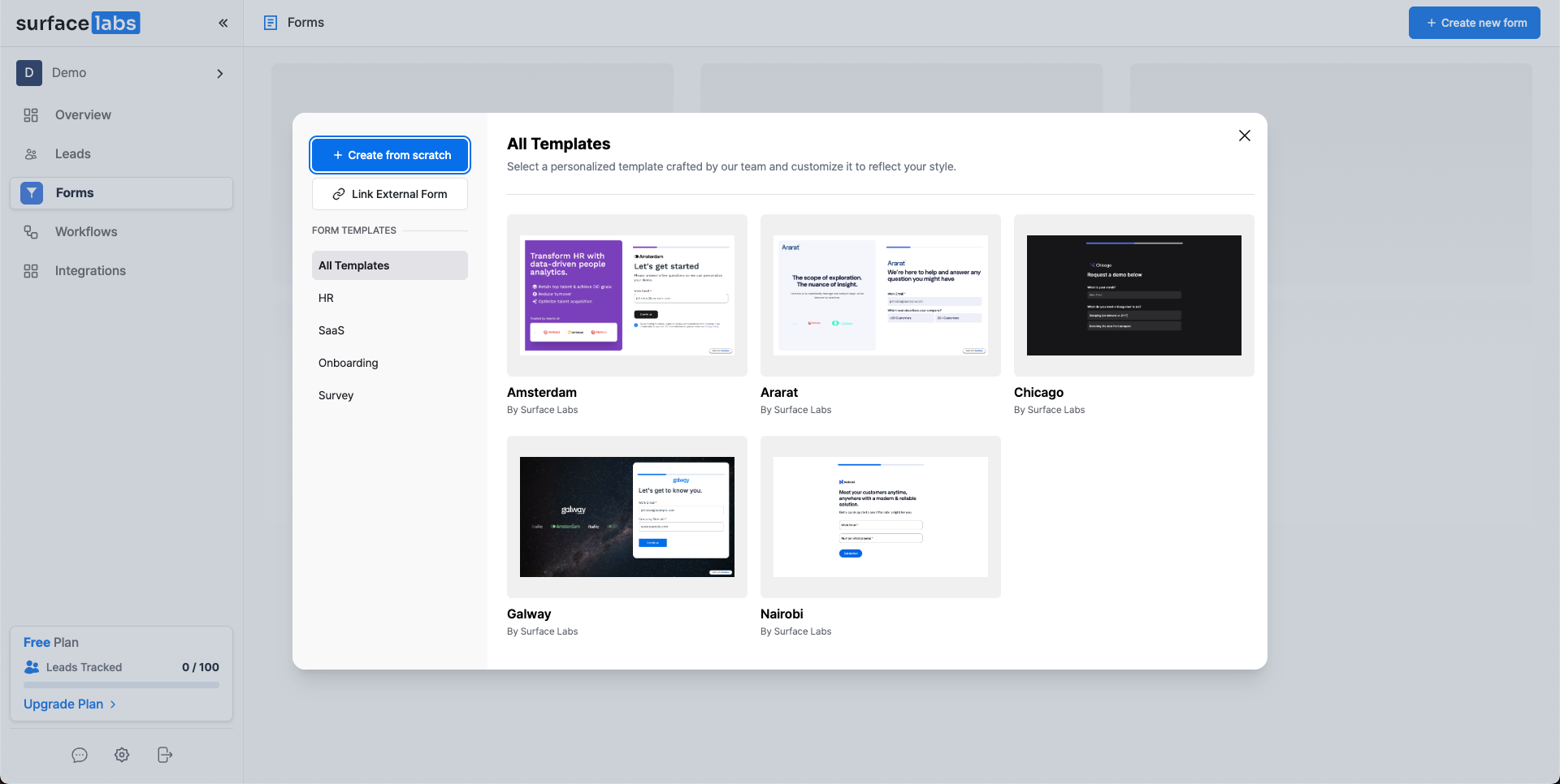 Template selection interface