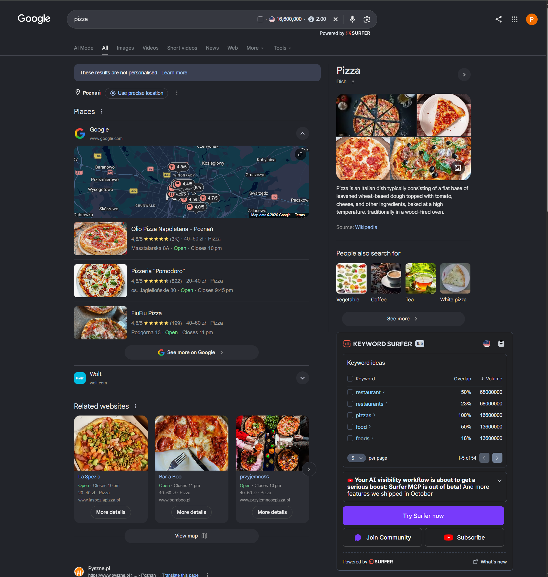 A Google results page for pizza with Keyword Surfer's search volume and CPC next to the search box and the Keyword Surfer sidebar showing the Keyword ideas table.