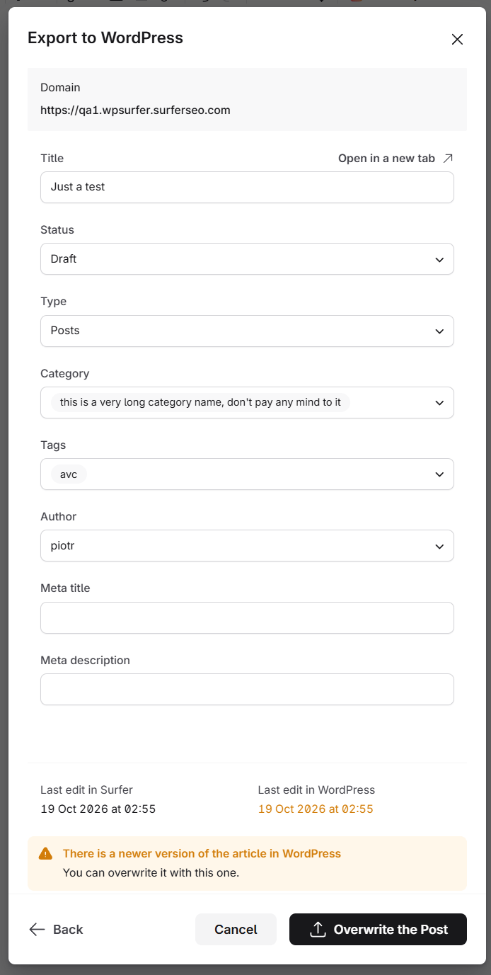 The update confirmation step comparing the last edit in Surfer with the last edit in WordPress, with the newer-version warning and the Overwrite the Post button.
