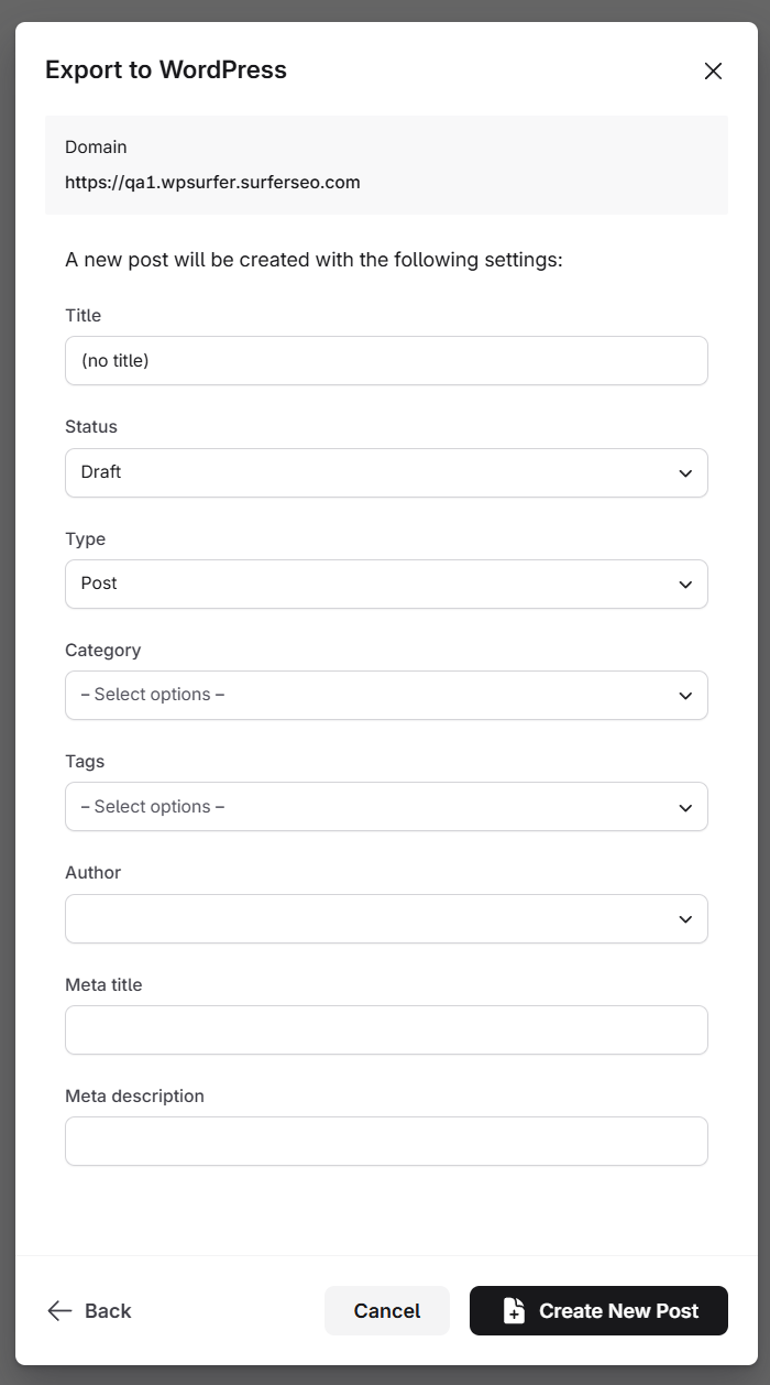 The Export to WordPress dialog on the post settings step for a new draft, showing the Title, Status, Type, Category, Tags, Author, Meta title, and Meta description fields and the Create New Post button.