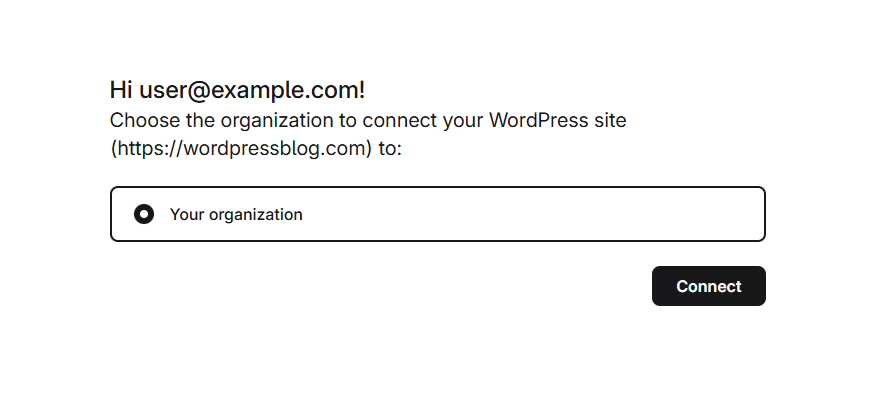 Surfer's connect page in the pop-up, greeting the signed-in user and listing organizations to connect the WordPress site to, with the Connect button.